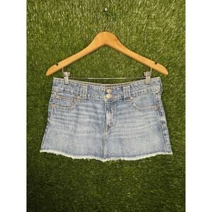 American Eagle Low Rise Denim Mini Skirt Size 8 Raw Hem Blue Distressed Y2K